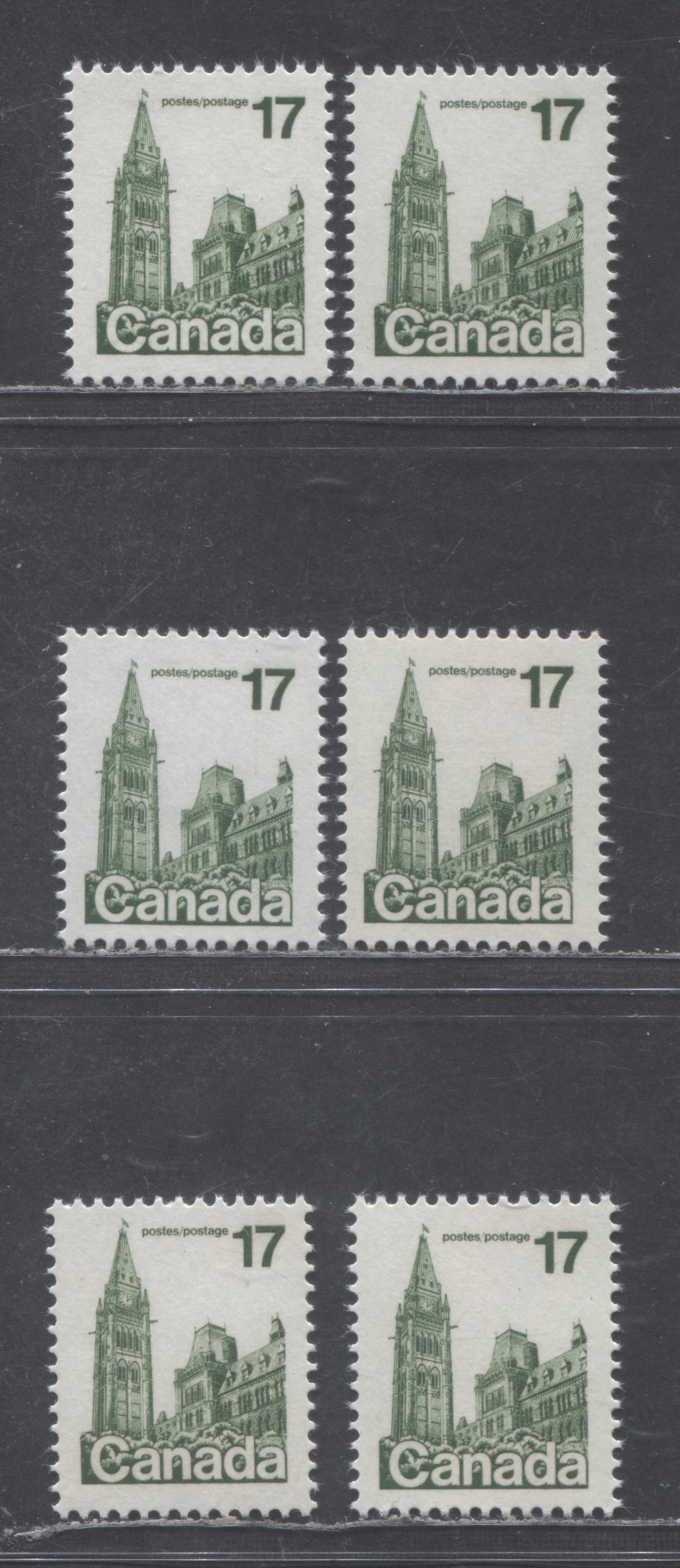 Lot 497 Canada #790, 790iii, iv 17c Dark Green Parliament Buildings, 1977-1982  Floral & Environment Issue, 6 VFNH Singles On LF/LF, DF2/DF2 and DF1/DF1 Papers, Eggshell, Satin & Semi-Gloss PVA Gums