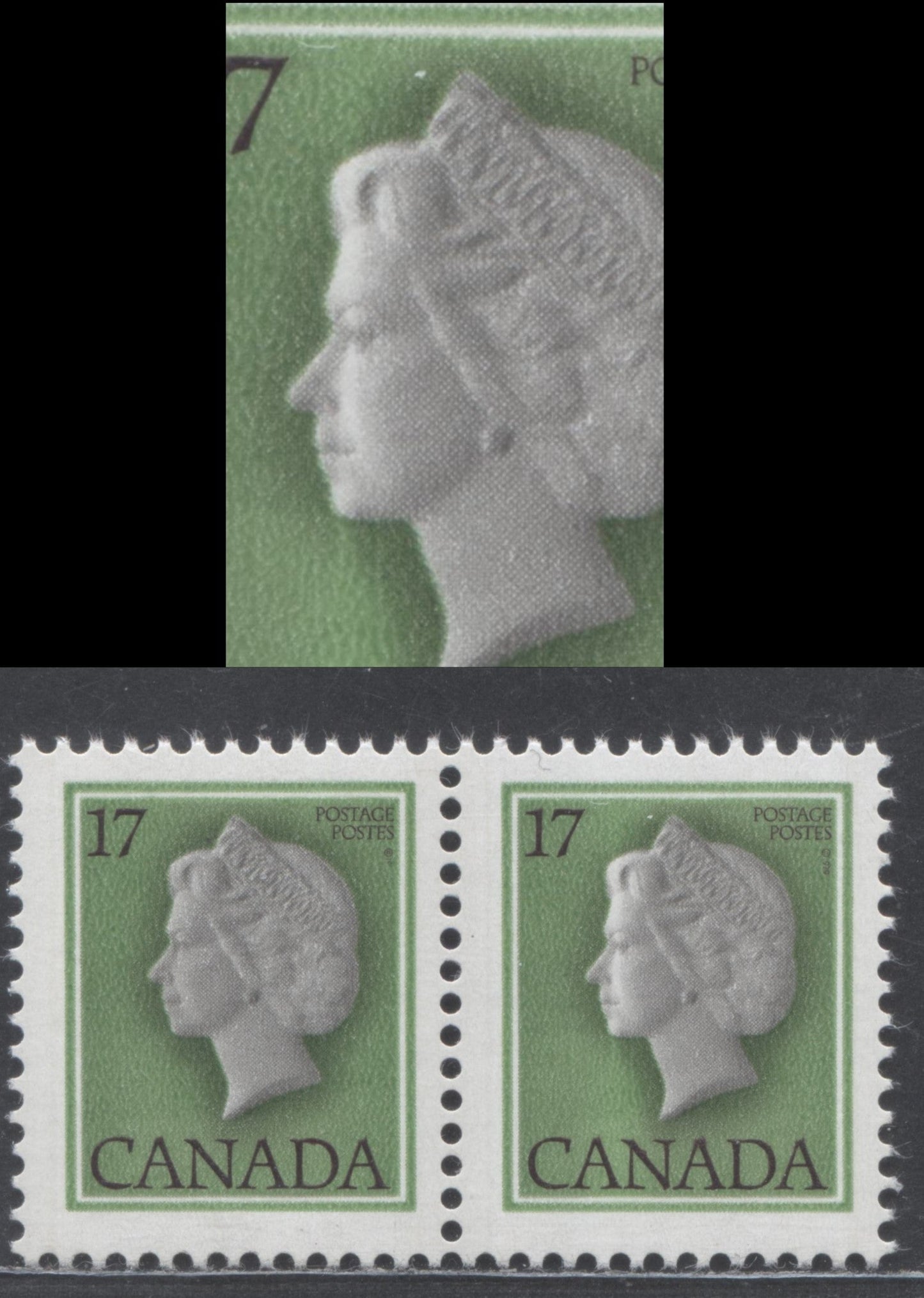 Lot 500 Canada #789iiivar 17c Multicoloured Queen Elizabeth II, 1977-1982  Floral & Environment Issue, A VFNH Pair "Illuminated Queen" Variety, On LF3/LF4 Paper