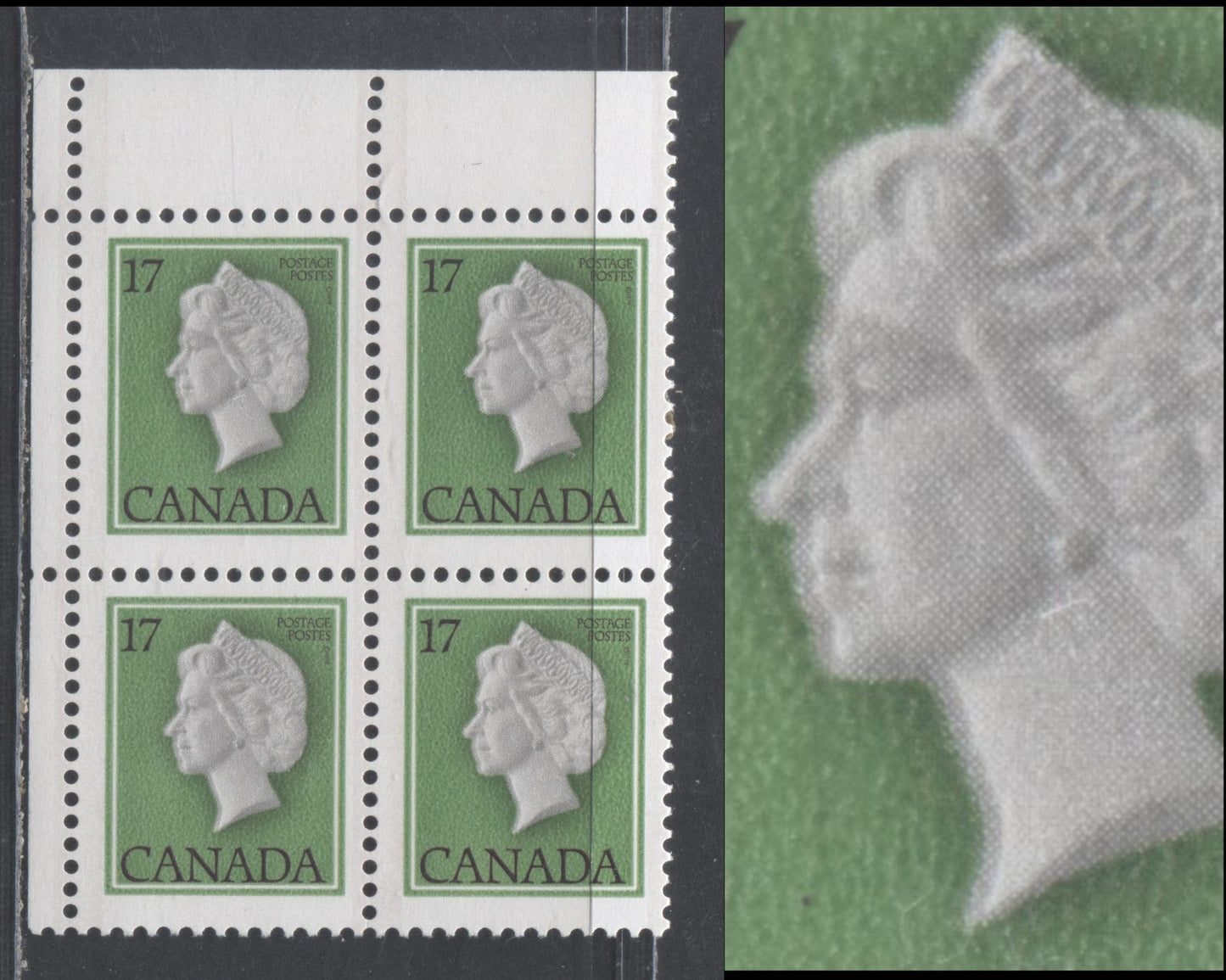 Lot 505 Canada #789vi 17c Multicoloured Queen Elizabeth II, 1977-1982  Floral & Environment Issue, A VFNH UL Corner Block Raised Eyebrow Variety, Tertiary, On DF2/LF3 Paper, 3.5 mm Tagging