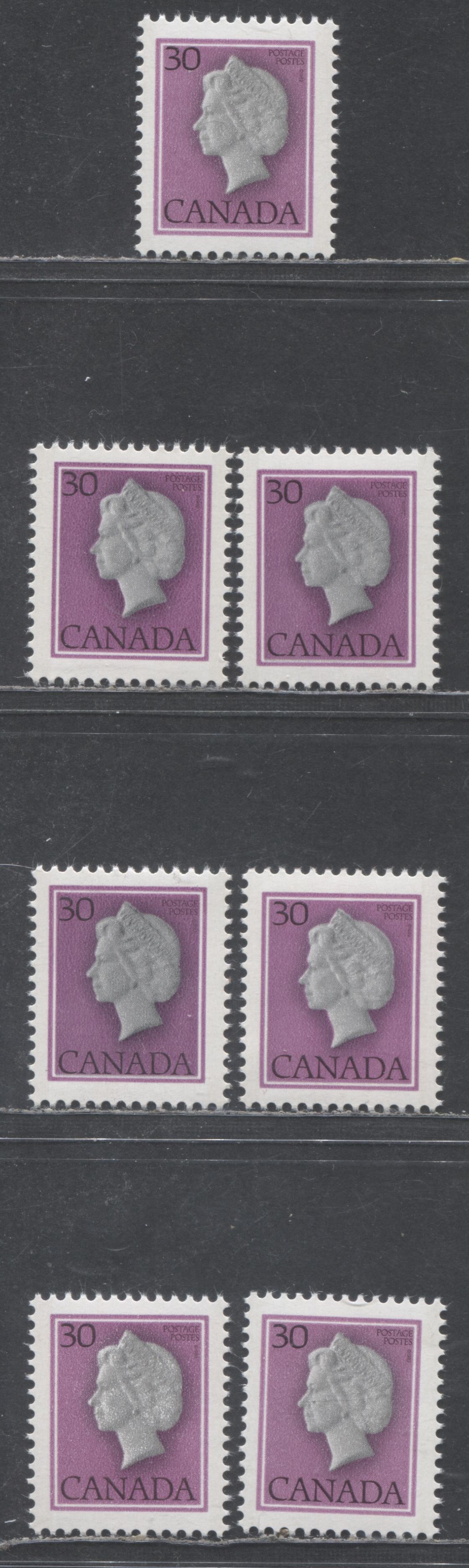 Lot 520 Canada #791, iv 30c Multicoloured Queen Elizabeth II, 1977-1982  Floral & Environment Issue, 7 VFNH Singles On Various DF/DF and DF/LF Papers, Including Flecked, Different Magenta Shades