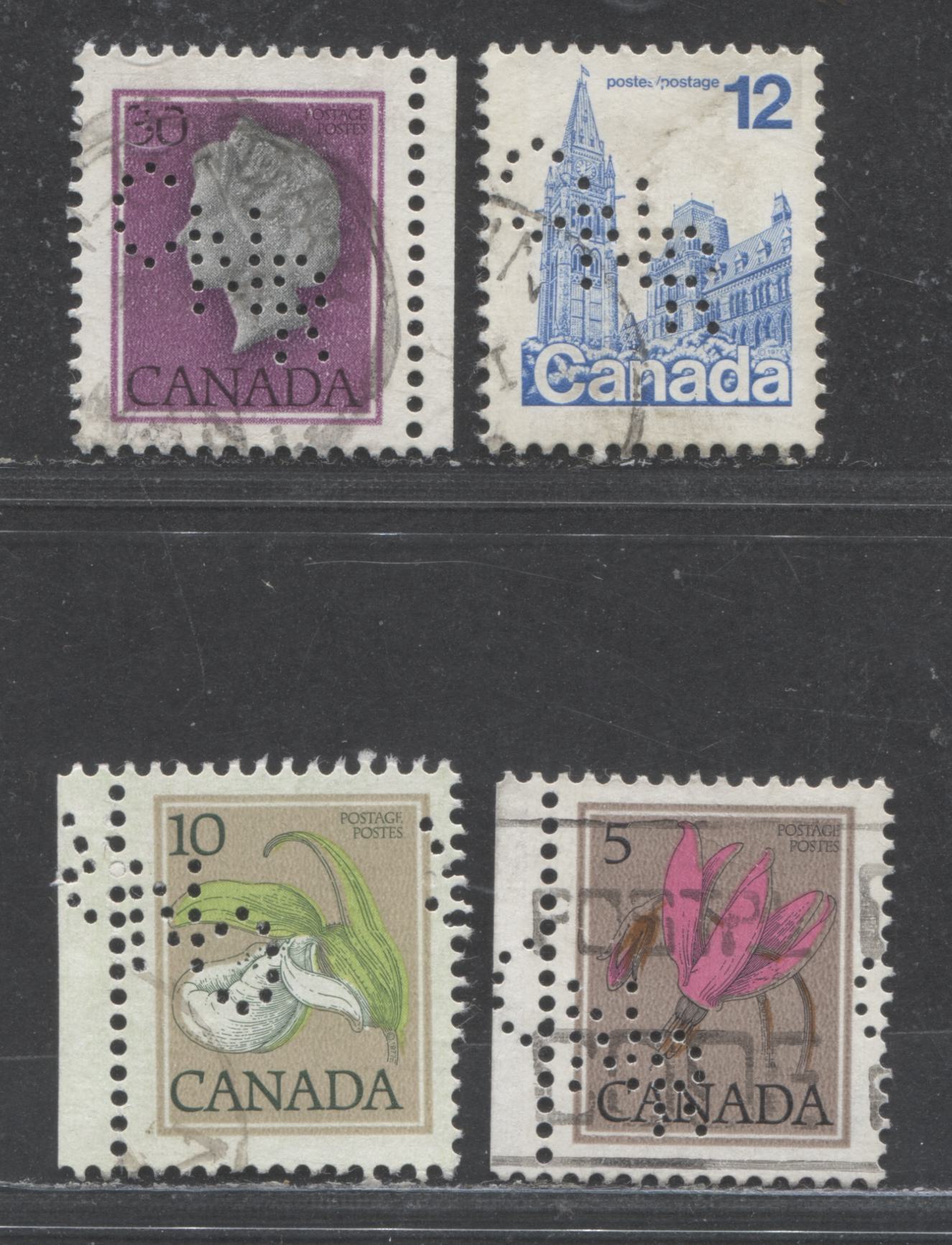 Lot 525 Canada #785-786var, 714var, 791var 5c-30c Multicoloured Various Designs, 1977-1982  Floral & Environment Issue, 4 Fine & VF Used Singles Inverted & Upright Winnipeg CNR Perfins on DF/DF and DF/LF4 paper