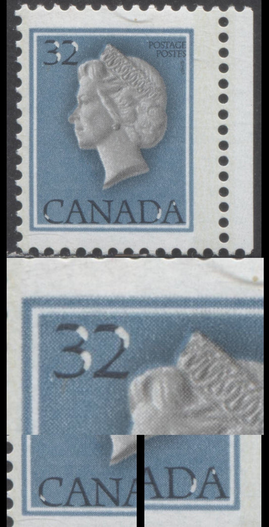 Lot 532 Canada #792var 32c Multicoloured Queen Elizabeth II, 1977-1982  Floral & Environment Issue, A Fine NH Single Damaged Lettering & "32" In Inscription, DF2/LF3 Abitibi Paper