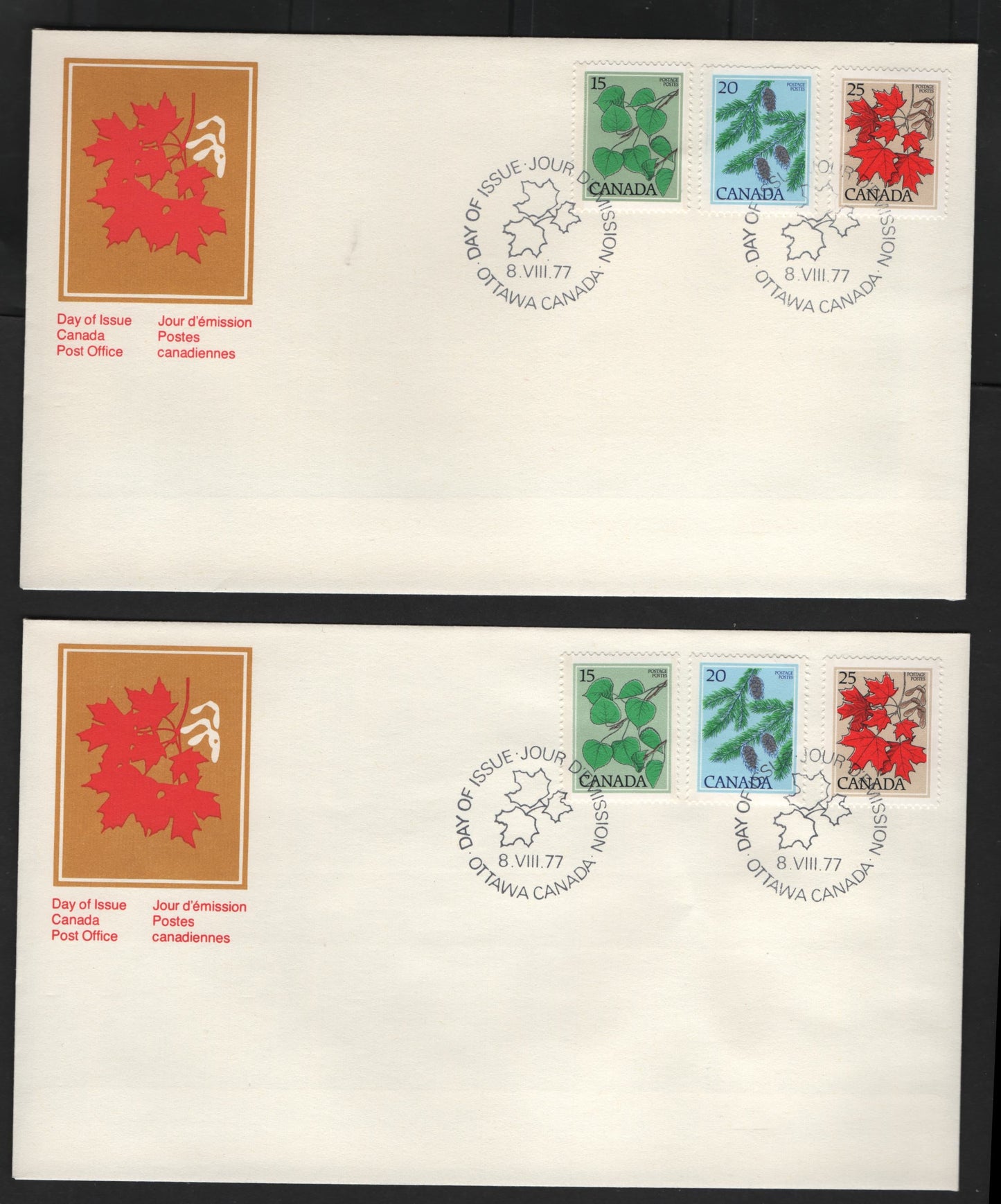 Canada #717-719, 718i 15c-25c Multicoloured Trembling Aspen -  Sugar Maple, 1977-1982 Floral & Environment Issue, 2 VF Canada Post Official FDC's Franked With A Combination Of 3 Singles, On DF & LF Papers, LF Envelopes