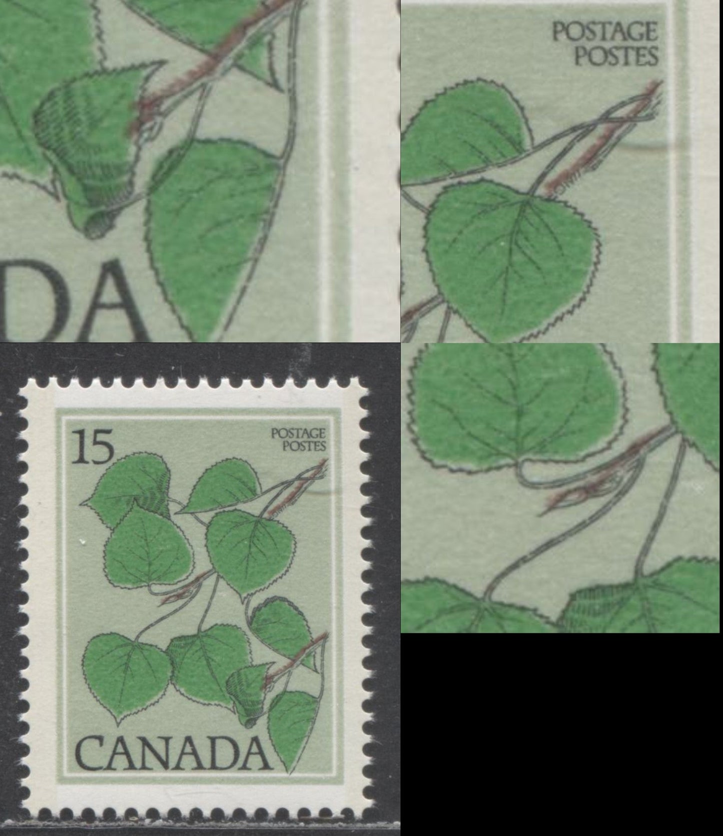 Canada #717var 15c Multicoloured Trembling Aspen, 1977-1982 Floral & Environment Issue, A  VFNH Single On DF1/DF1 Paper, Finely Screened Grey-Green Background, Showing 1/2mm Upward Shift Of Brown