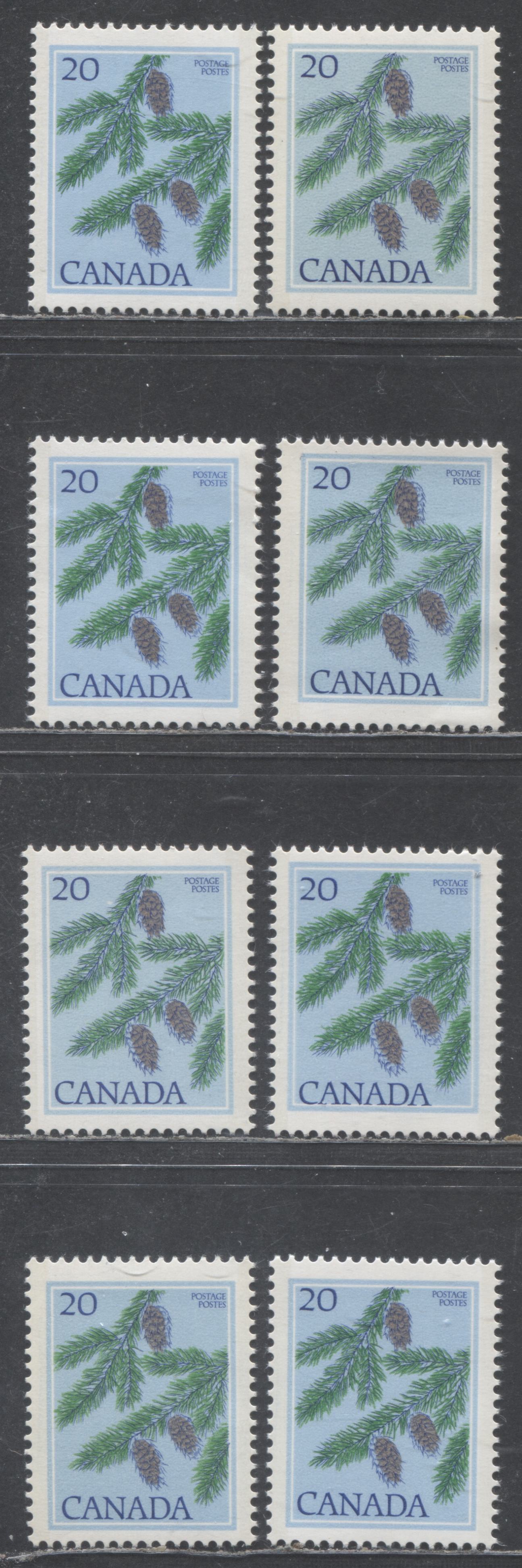 Canada #718, ii 20c Multicoloured Douglas Fir, 1977-1982 Floral & Environment Issue, 8  Fine & VFNH Singles On Various DF/DF & DF/LF Papers, Different Blue & Green Shades