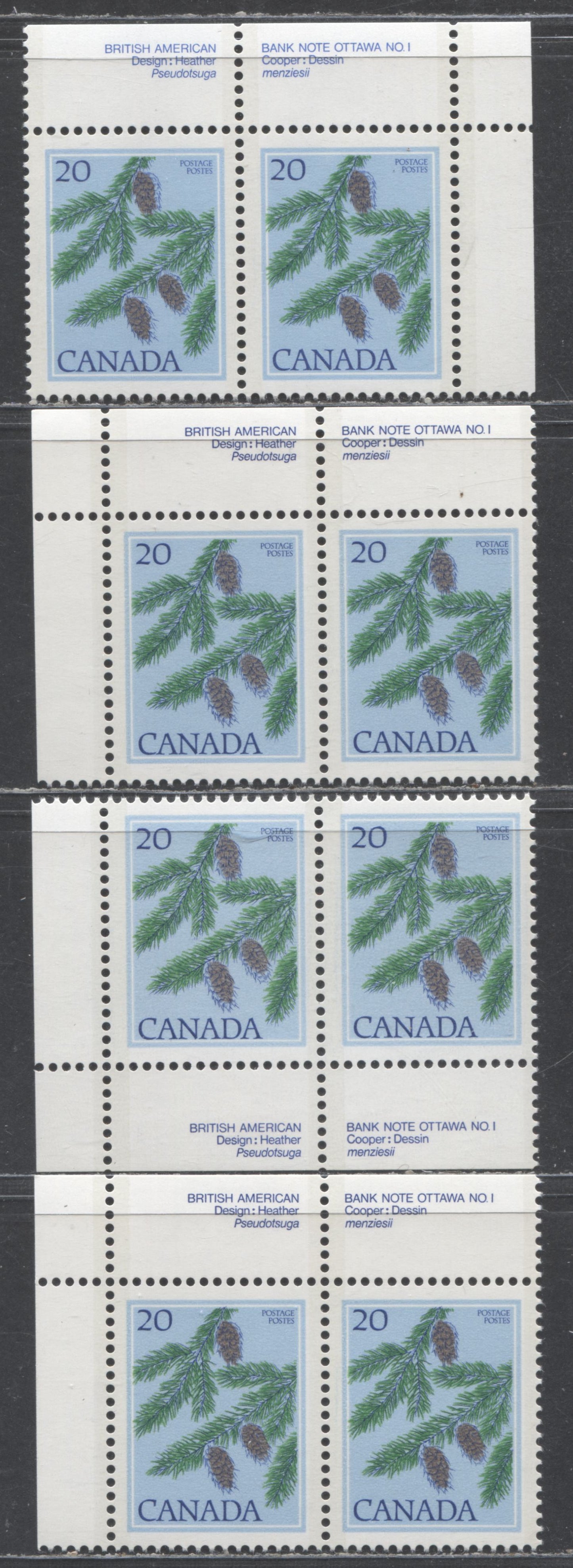 Canada #718 20c Multicoloured Douglas Fir, 1977-1982 Floral & Environment Issue, 4  VFNH Plate Pairs On Various DF/DF & DF/LF Papers, Different Blue & Green Shades