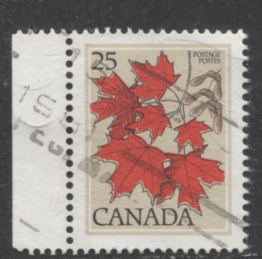 Canada #719T6 25c Multicoloured Sugar Maple, 1977-1982 Floral & Environment Issue, A VF Used Single On DF1/DF1 Paper, With Tagging Doctor Blade Flaw, Stone Background, Finely Screened, The Illustrated Example On Adminware