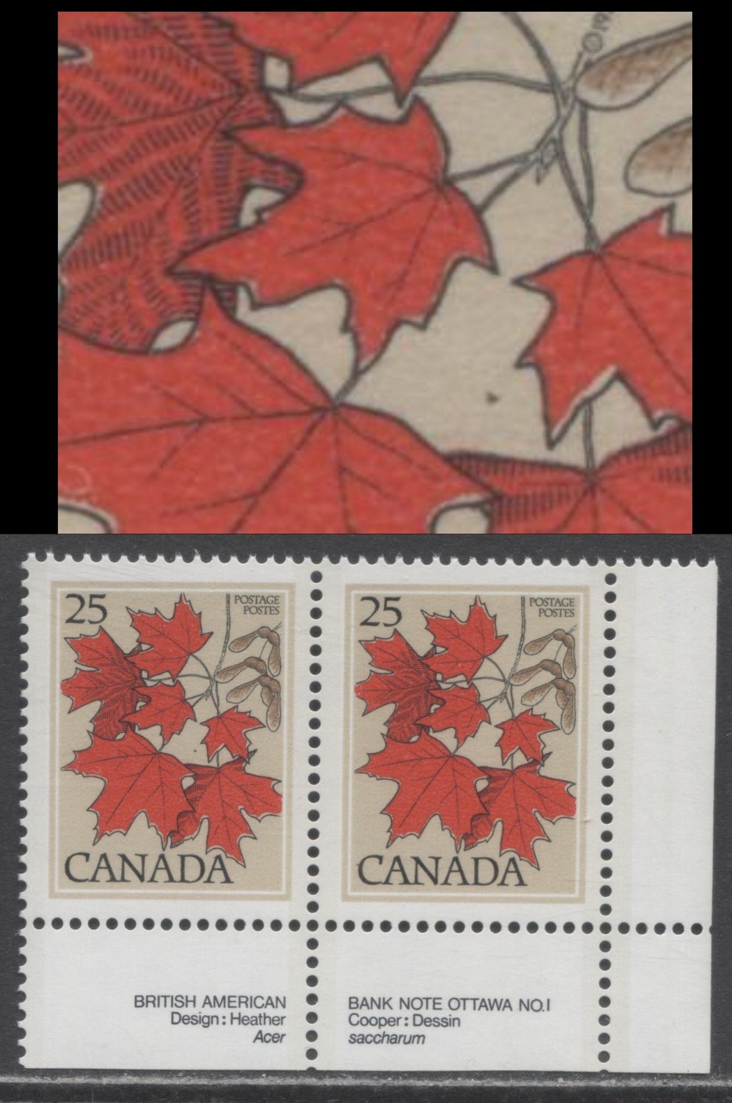 Canada #719var 25c Multicoloured Sugar Maple, 1977-1982 Floral & Environment Issue, A VFNH LR Plate Pair On DF1/DF2 Paper, Showing Possibly Tertiary "Maple Seed" Variety On Pos. 49, Lightly Screened Stone Background