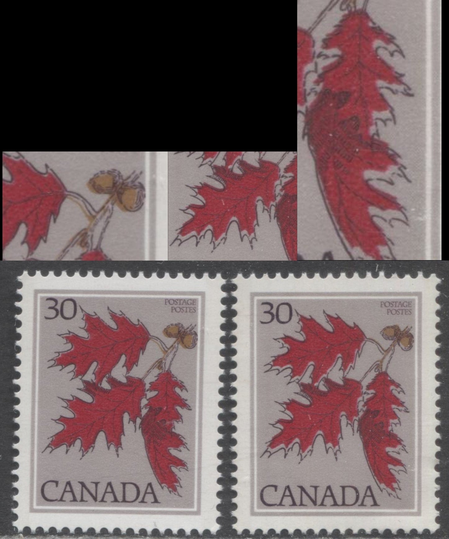 Canada #720var 30c Multicoloured Red Oak, 1977-1982 Floral & Environment Issue, 2 VFNH Singles On DF2/LF4-fl Paper With Shifts Of Yellow Brown & Red, Finely Screened Background