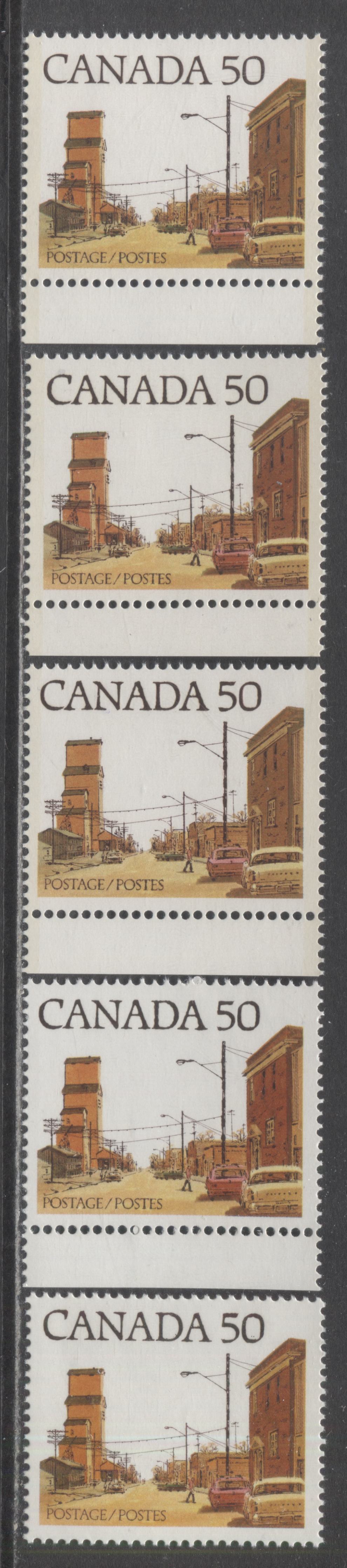 Canada #723A, Av 50c Multicoloured Prairie Street Scene, 1977-1982 Floral & Environment Issue, 5 VFNH Singles On DF1/DF1, LF4/LF4 and F/F Papers, CBN Printings, Various Building Shades