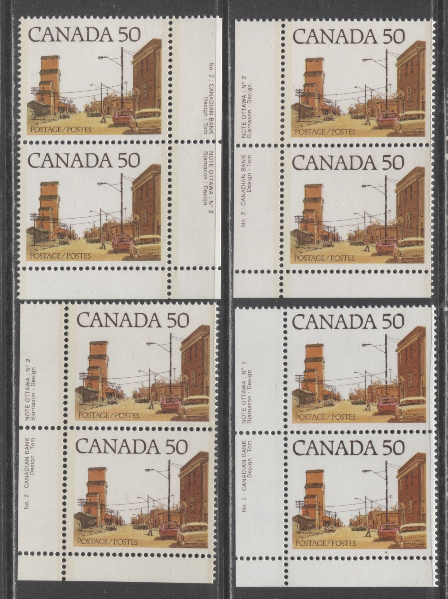 Canada #723A, Av 50c Multicoloured Prairie Street Scene, 1977-1982 Floral & Environment Issue, 4 VFNH Plate 2 & 3 Pairs On DF1/DF1, LF4/LF4 and F/F Papers, CBN Printings, Various Building Shades