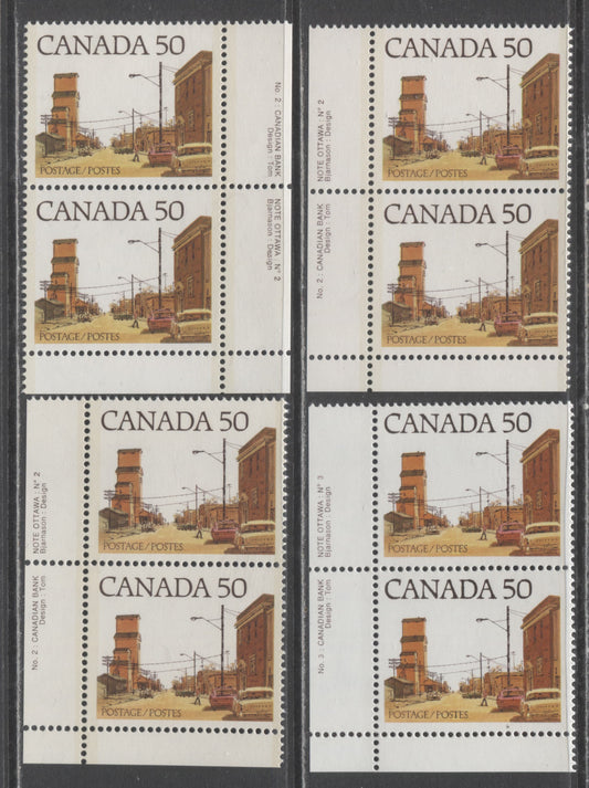 Canada #723A, Av 50c Multicoloured Prairie Street Scene, 1977-1982 Floral & Environment Issue, 4 VFNH Plate 2 & 3 Pairs On DF1/DF1, LF4/LF4 and F/F Papers, CBN Printings, Various Building Shades