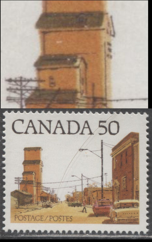 Canada #723Av 50c Multicoloured Prairie Street Scene, 1977-1982 Floral & Environment Issue, A VFNH Single On DF1/DF1 Paper, Brown Red Builfing At Right, Showing 1/2 mm Rightward Shift Of The Dark Brown, CBN Printing