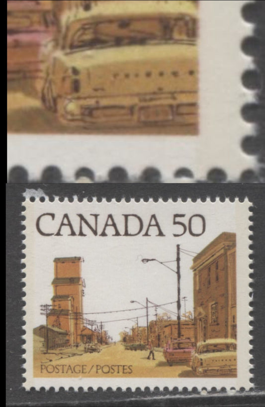 Canada #723Aiii 50c Multicoloured Prairie Street Scene, 1977-1982 Floral & Environment Issue, A VFNH Single On F/F Paper, Brown Building At Right, Dented Bumper (Pos. 6-10) Variety