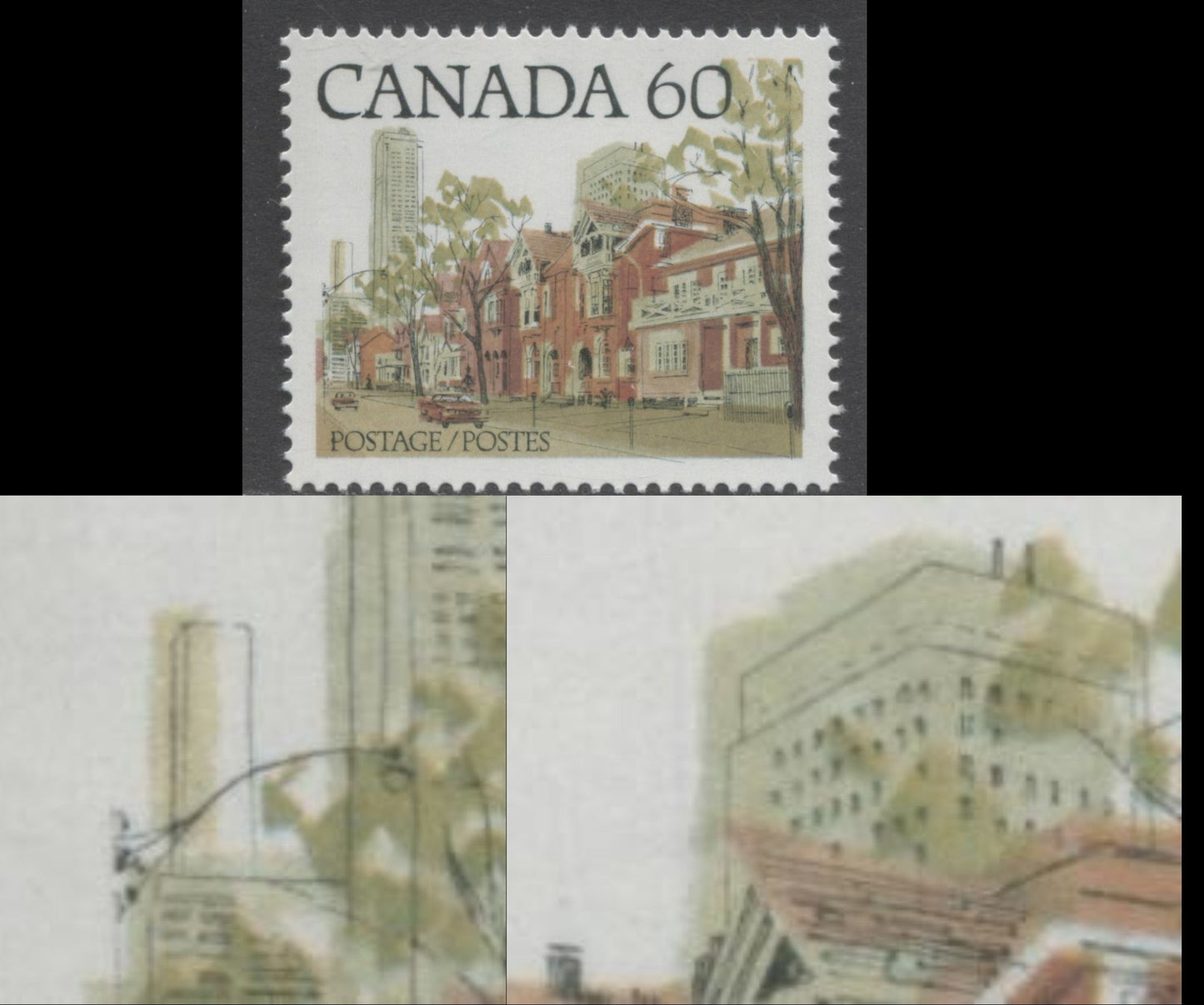 Canada #723Cvar 60c Multicoloured Ontario Street Scene, 1977-1982 Floral & Environment Issue, A VFNH Single On DF2/DF2 Paper, Showing 1mm Leftward Shift Of Pale Mint Green & Pale Yellow Green