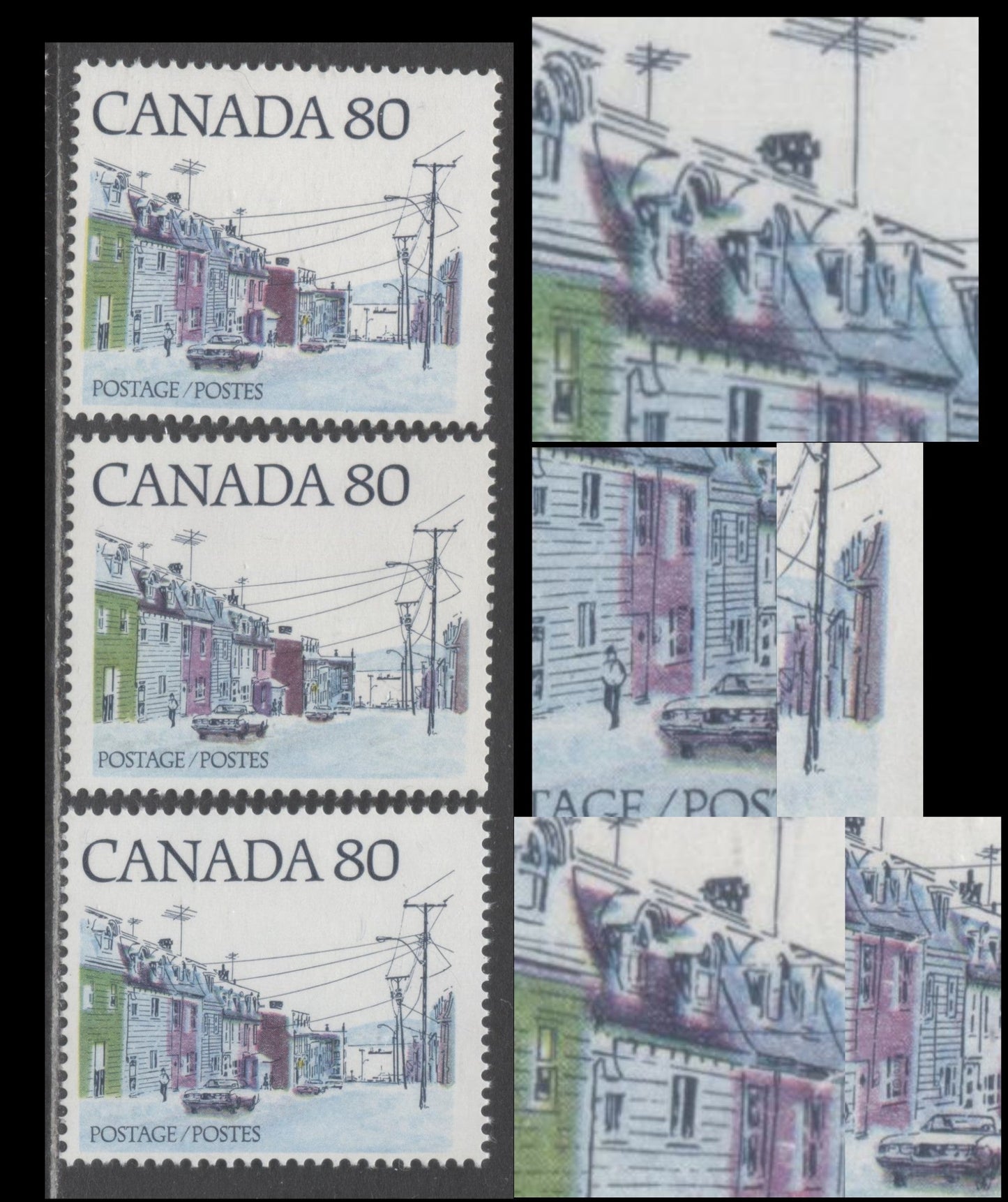 Canada #725var 80c Multicoloured Maritime Street Scene, 1977-1982 Floral & Environment Issue, 3 Fine & VFNH Singles On DF2/DF1 & LF3/DF2 Coated Papers, Showing Downward & Downward Left Shifts Of The Purple, Light Blue Road