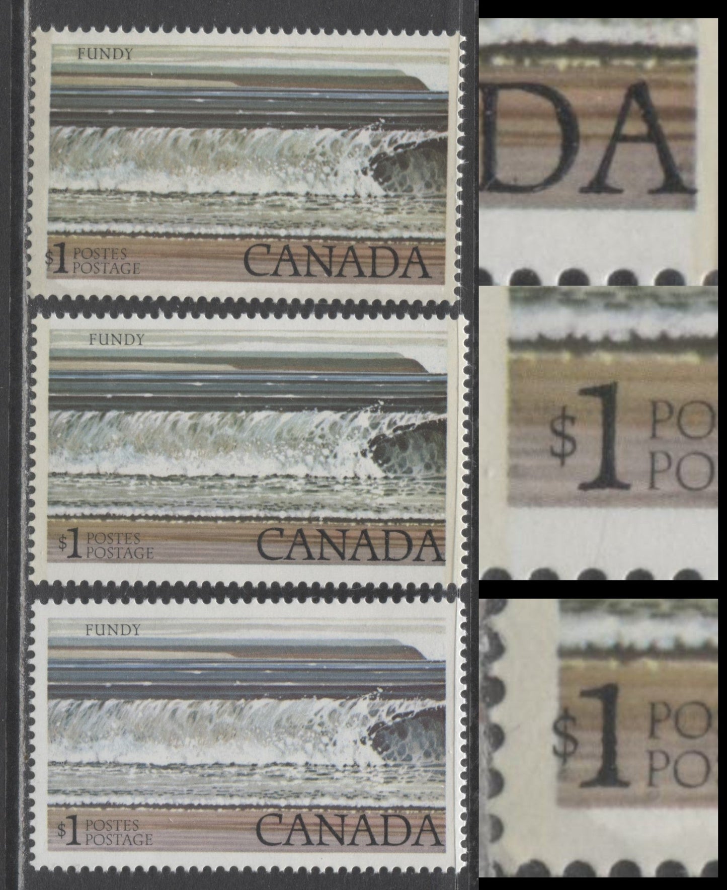 Canada #726var, 726avar $1 Multicoloured Fundy National Park, 1977-1982 Floral & Environment Issue, 3 VFNH Singles Tagged On LF4/LF4 Paper & Untagged On DF2/DF2 Paper, Showing Leftward & Rightward Shifts Of the Inscriptions