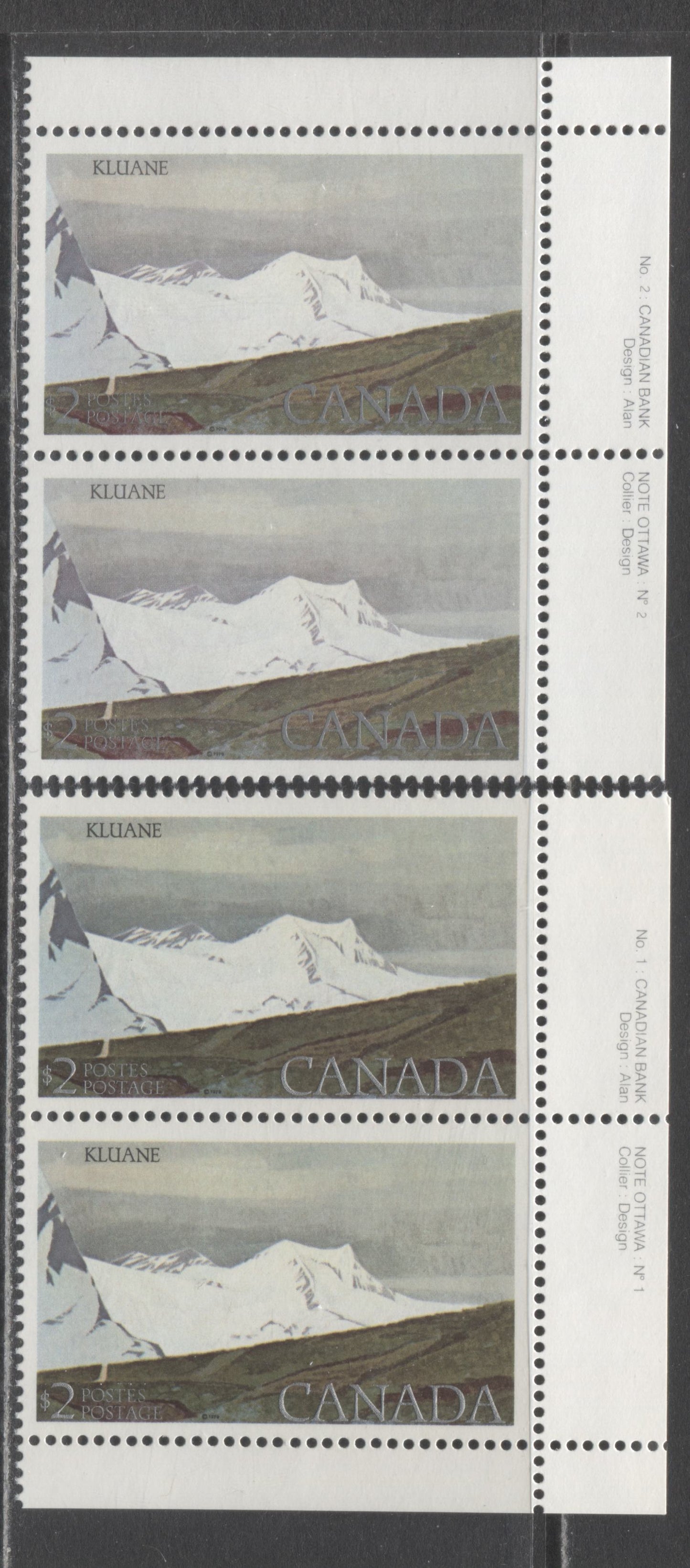 Canada #727i $2 Multicoloured Kluane National Park, 1977-1982 Floral & Environment Issue, 2 VFNH Plate 1 & 2 Pairs Both On DF1/DF1 Paper, Giving a Very Light Violet Glow Under UV On The Face, 2 Different Cloud, Mountain & Ground Shades