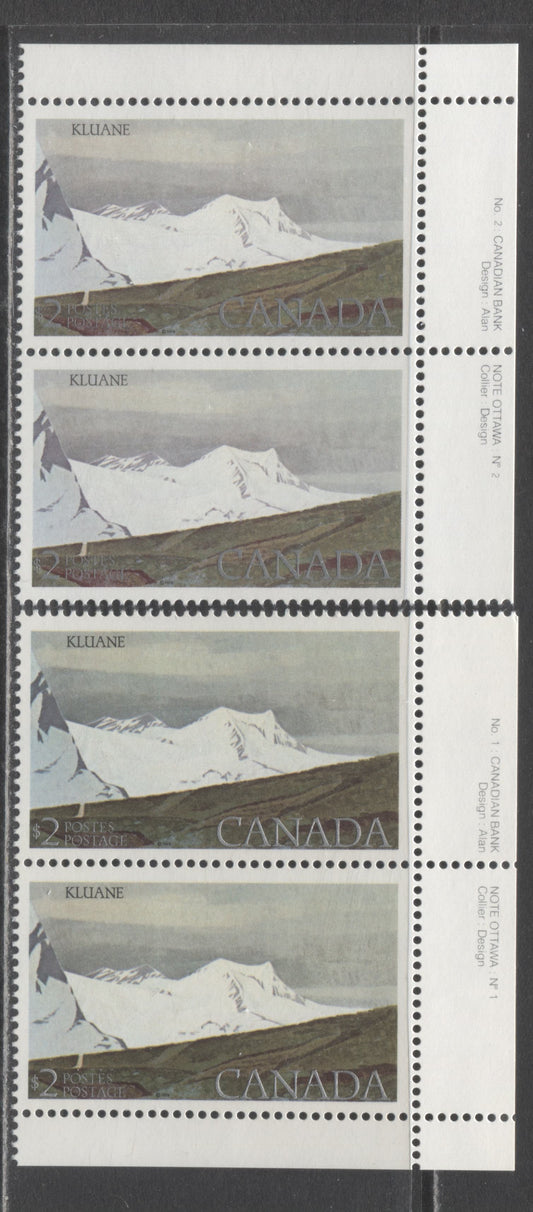 Canada #727i $2 Multicoloured Kluane National Park, 1977-1982 Floral & Environment Issue, 2 VFNH Plate 1 & 2 Pairs Both On DF1/DF1 Paper, Giving a Very Light Violet Glow Under UV On The Face, 2 Different Cloud, Mountain & Ground Shades