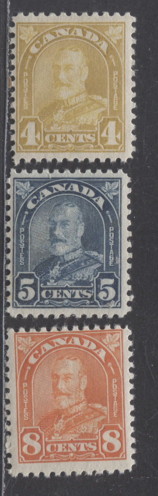 Canada #168, 170, 172 4c, 5, 8c Yellow Bistre - Orange King George V, 1930-1935  Arch Issue, 3 Fine OG Singles Brownish Cream Gum - 1930 Printings