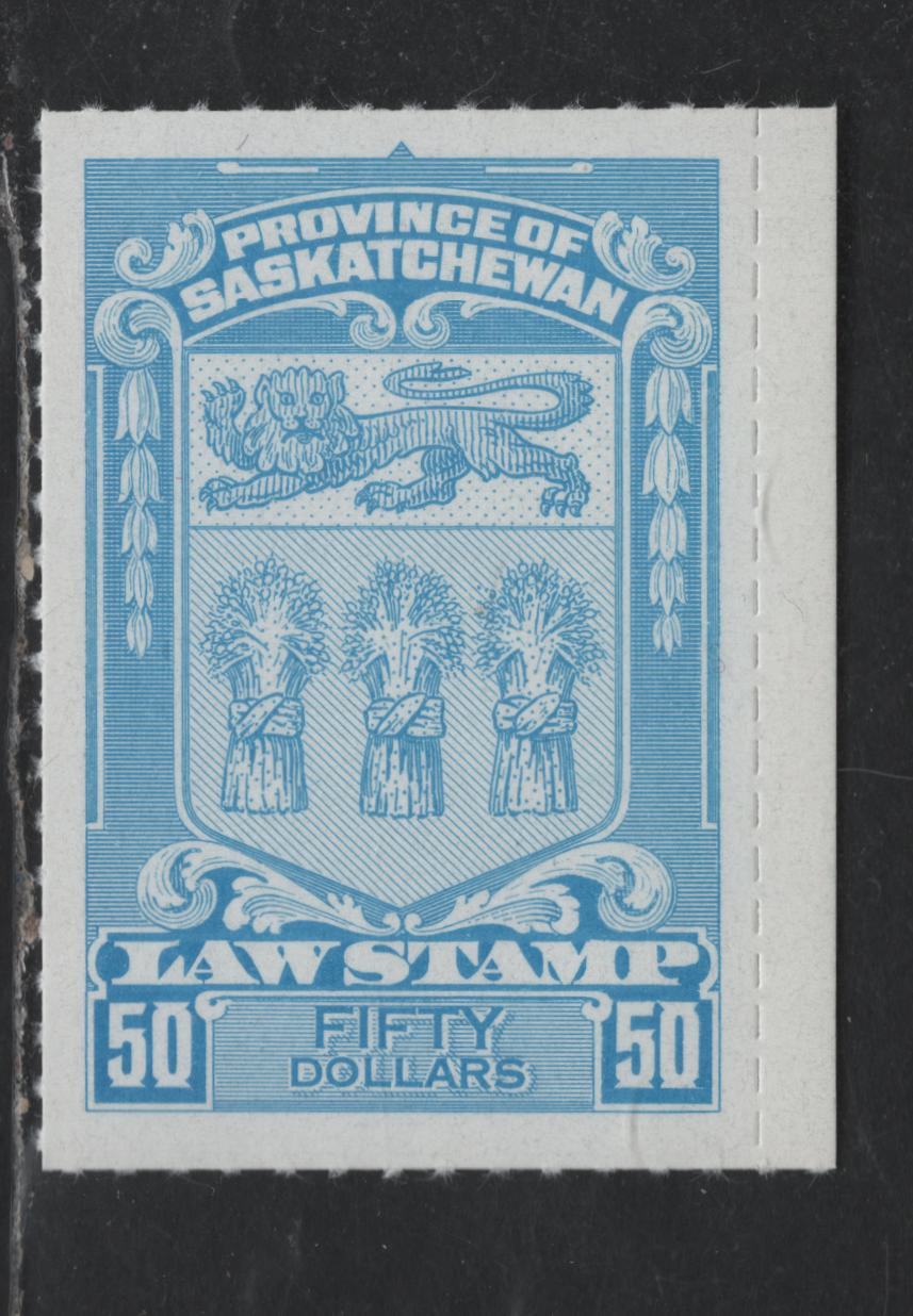 Canada - Province Of Saskatchewan #SL78 $50 Pale Blue Coat Of Arms, 1968 Rouletted Law Stamp Issue, A VFNH Single