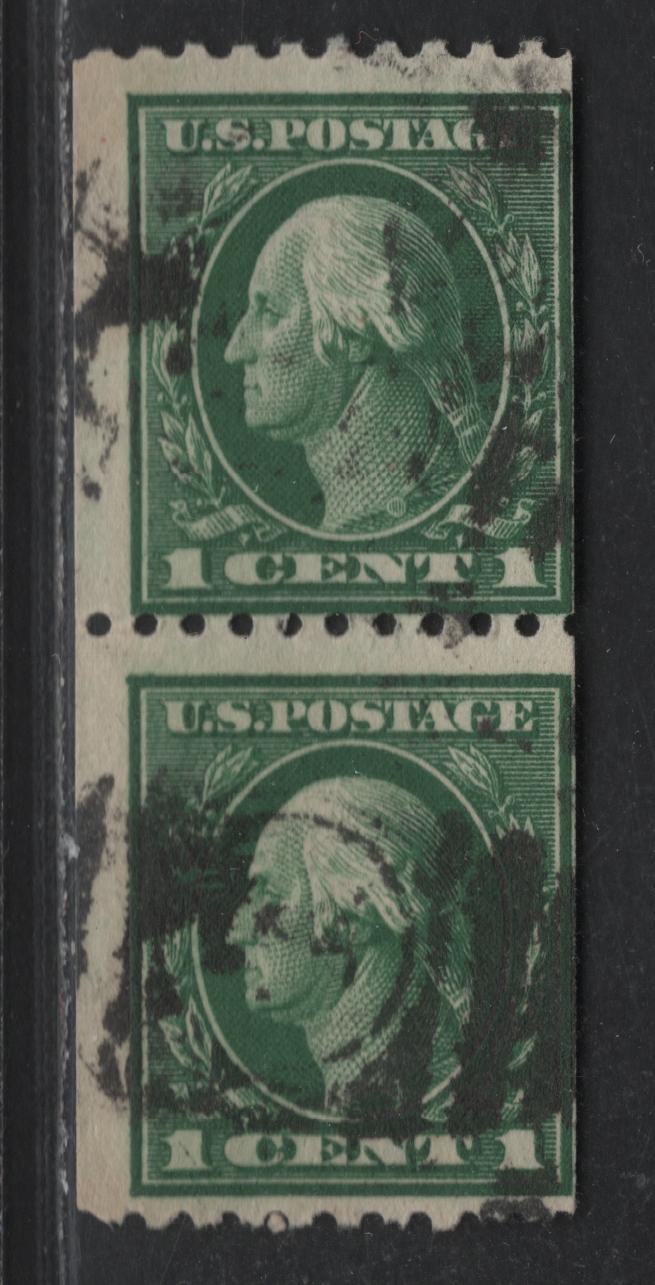 United States Of America #441 1c Green George Washington, 1914 Washington Franklin Issue, A VG Used Coil Pair Single Lined USPS Watermark, Perf. 10 Horizontally