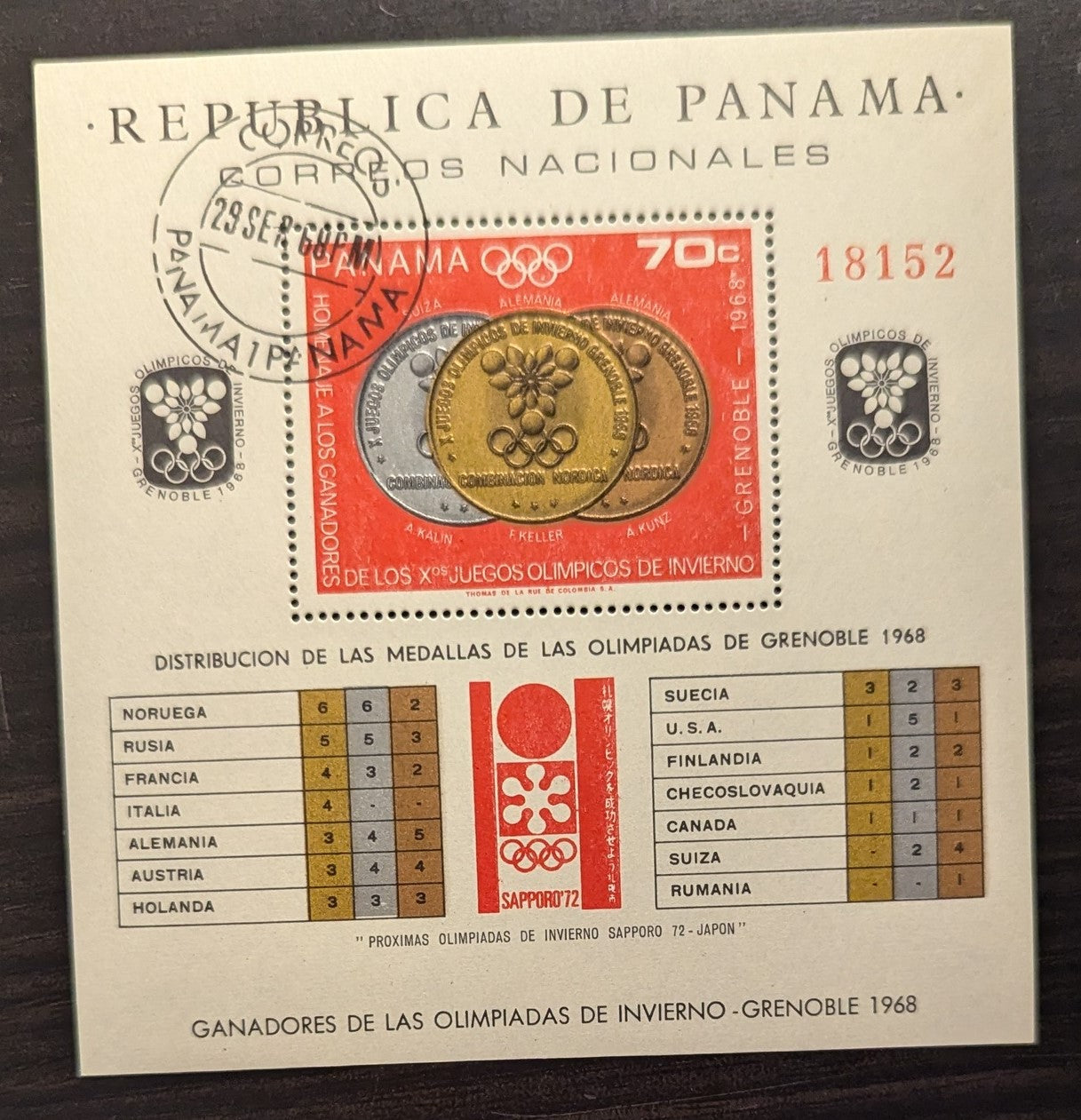 Panama SC#187I 70c Red & Multicolored 1968 Olympic Medals & Winners, Grenoble Issue, A VFCTO Souvenir Sheet, Click on Listing to See ALL Pictures, 2017 Scott Cat. $18