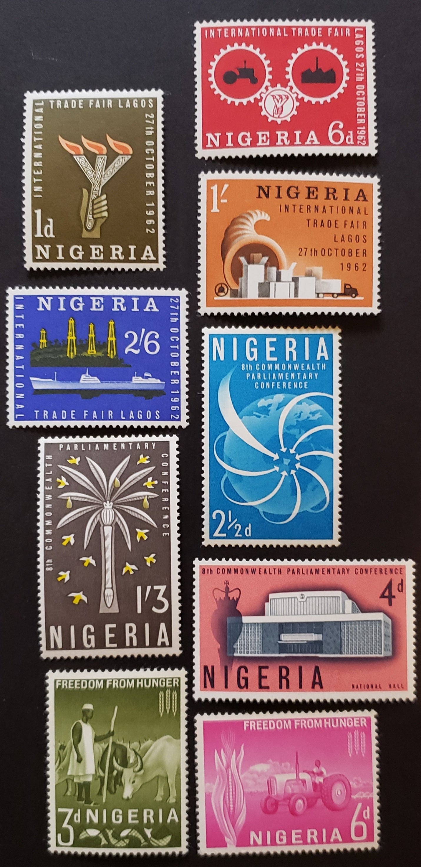 Nigeria SC#134/142 1962-1963 Lagos Intl. Trade Fair / Freedom From Hunger Campaign Issues, 9 VFNH & OG Singles, Click on Listing to See ALL Pictures, 2017 Scott Cat. $4.3