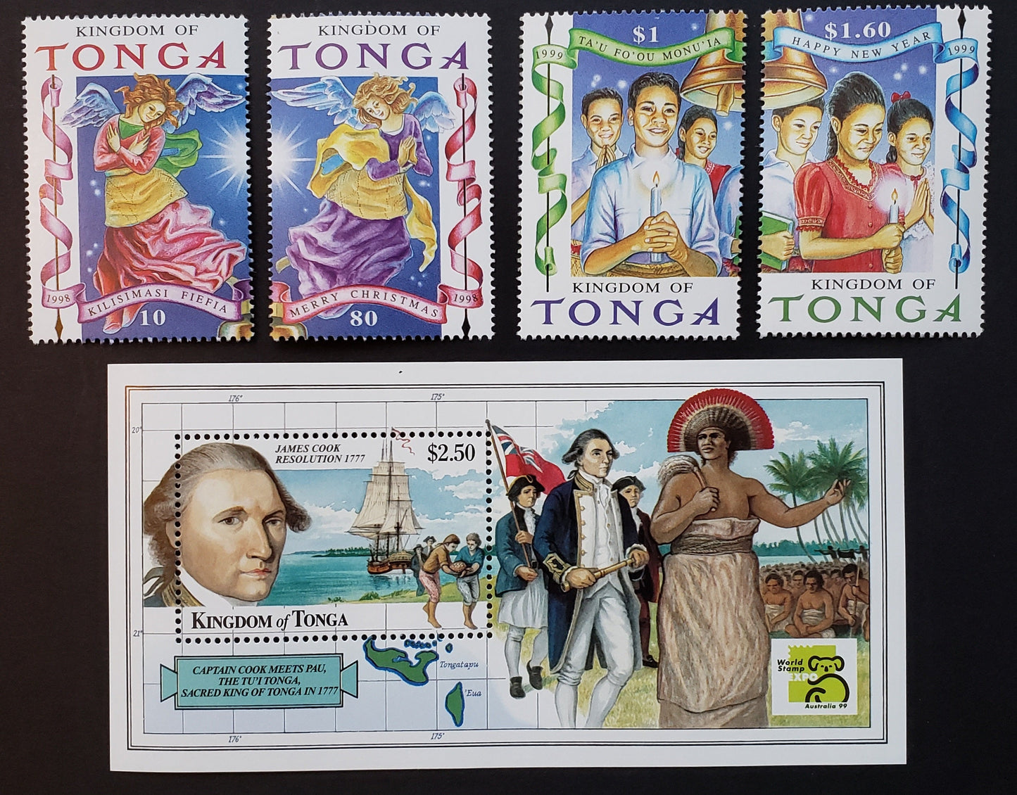 Lot 101 Tonga SC#1009/1017a 1999-1999 Christmas / Explorers Issues, 4 VFNH Singles And 1 Souvenir Sheet, Click on Listing to See ALL Pictures, 2017 Scott Cat. $19.3