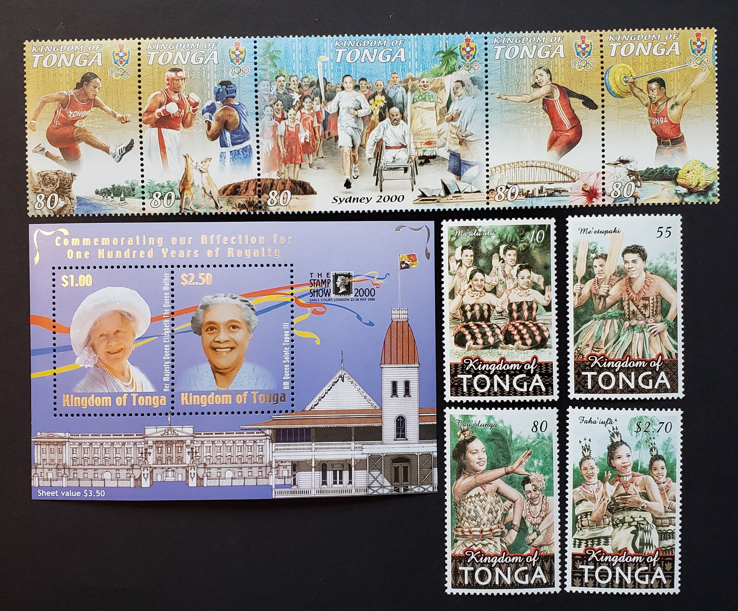 Lot 104 Tonga SC#1033/1047 2000-2001 Summer Olympics / Dance Issues, 4 VFNH Singles, A Strip Of 5 And A Souvenir Sheet, Click on Listing to See ALL Pictures, 2017 Scott Cat. $16.5