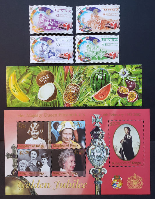 Lot 105 Tonga SC#1039/1059 2000-2002 Commonwealth Membership / Reign Of Queen Elizabeth II Issues, 4 VFNH Singles, A Strip Of 5 And A Sheet Of 5, Click on Listing to See ALL Pictures, 2017 Scott Cat. $19.75