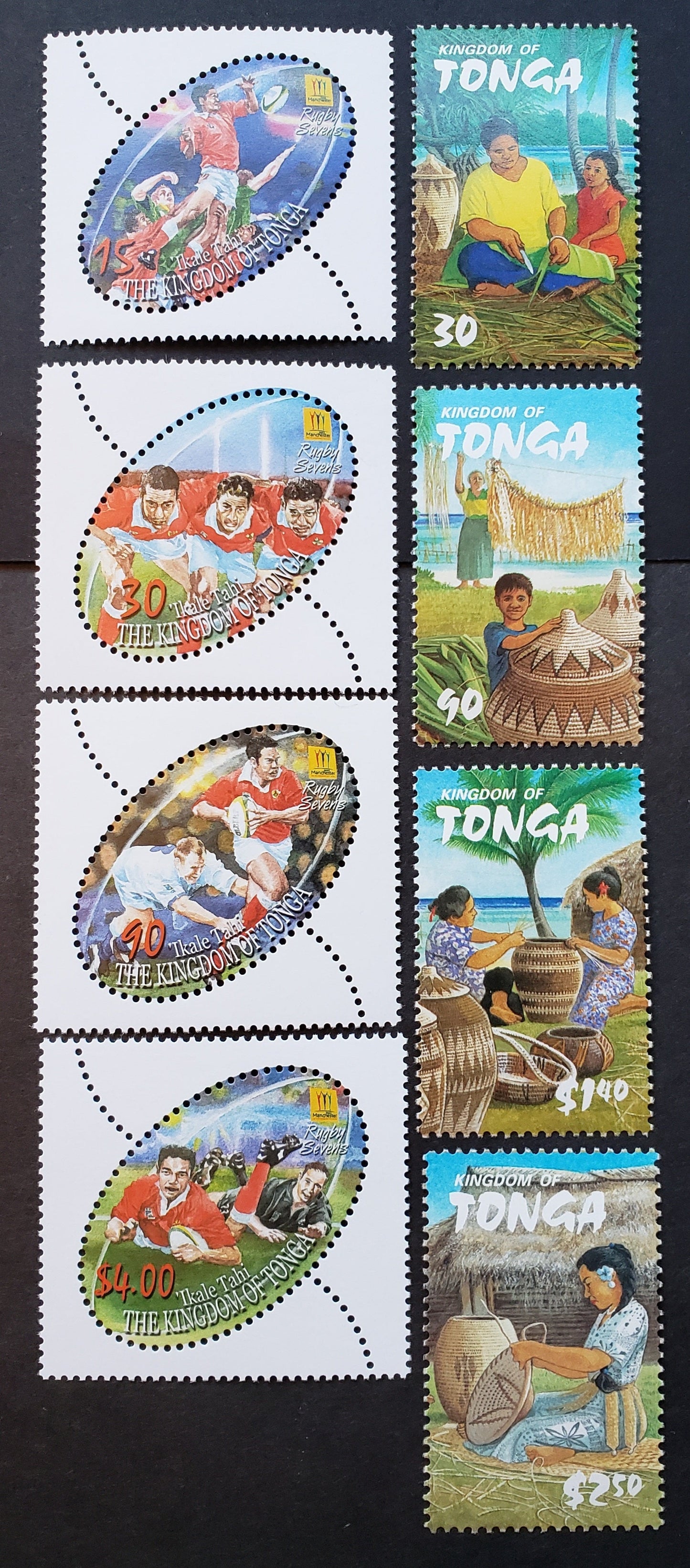 Lot 106 Tonga SC#1070/1077 2002 Participation Of Tonga In Rugby Sevens Tournament / Weaving Issues, 8 VFNH Singles, Click on Listing to See ALL Pictures, 2017 Scott Cat. $16