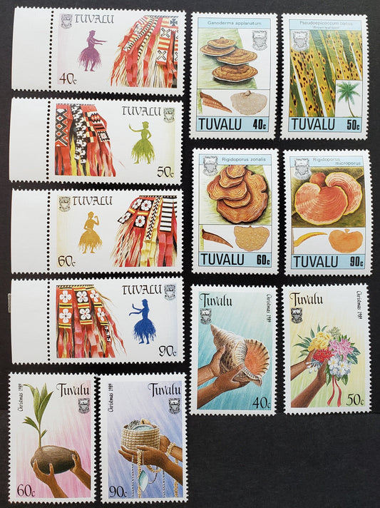 Lot 110 Tuvalu SC#497/532 1988-1989 Fungi / Christmas Issues, 12 VFOG Singles, Click on Listing to See ALL Pictures, 2017 Scott Cat. $15.65