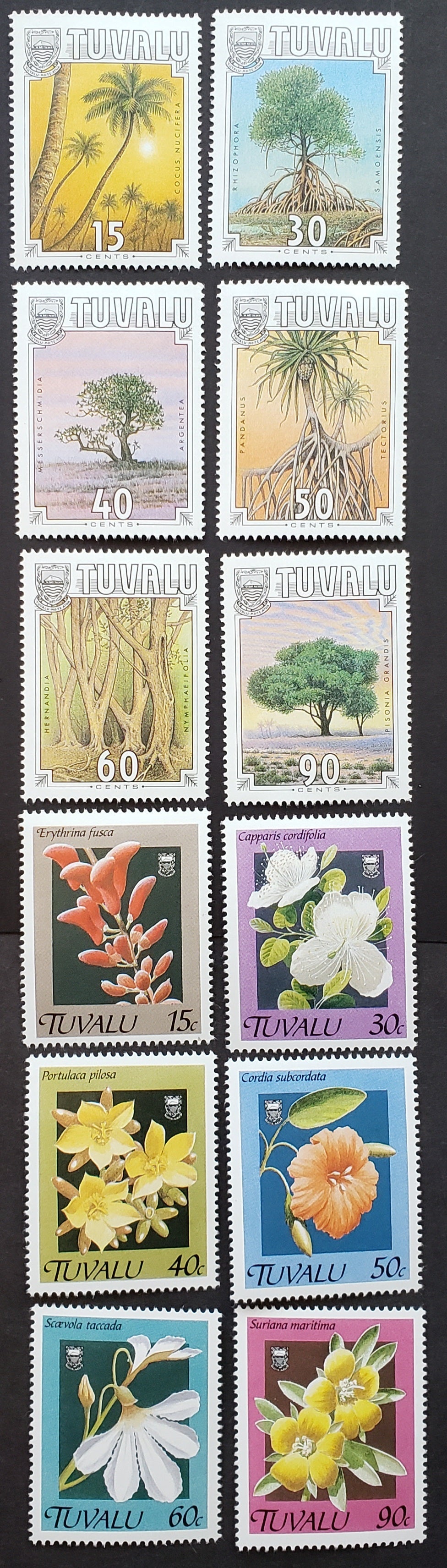 Lot 111 Tuvalu SC#533/554 1990 Tropical Trees / Flowers Issues, 12 VFOG Singles, Click on Listing to See ALL Pictures, 2017 Scott Cat. $15