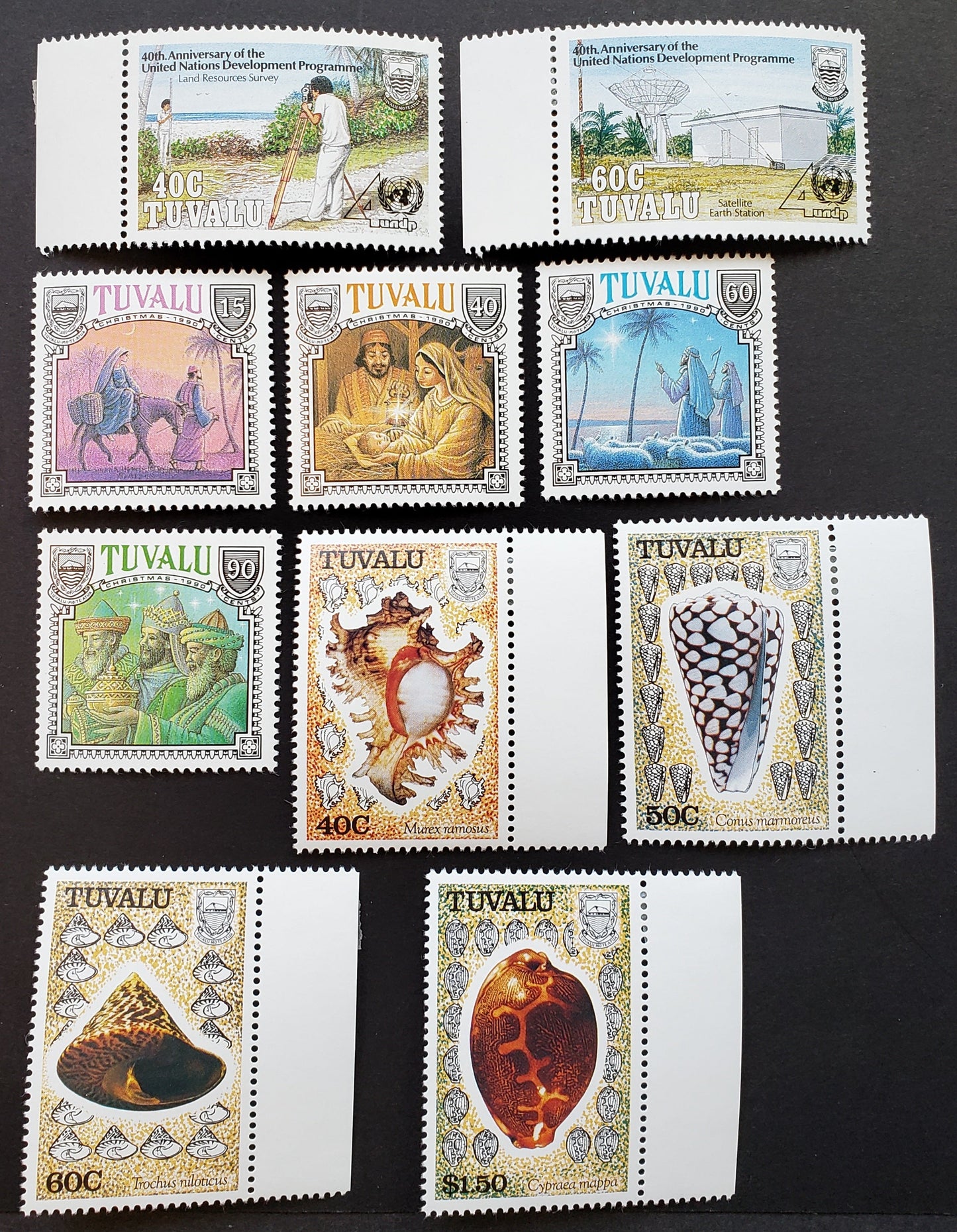 Lot 112 Tuvalu SC#555/565 1990-1991 UN Development Program / Seashells Issues, 10 VFOG Singles, Click on Listing to See ALL Pictures, 2017 Scott Cat. $18.85