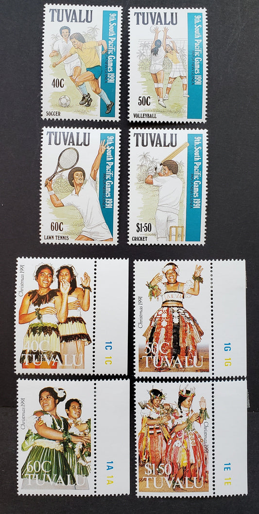 Lot 113 Tuvalu SC#574/585 1991 South Pacific Games / Christmas Issues, 8 VFNH & OG Singles, Click on Listing to See ALL Pictures, 2017 Scott Cat. $23.35