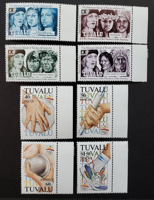 Lot 114 Tuvalu SC#594/615 1992 Discovery Of America / Summer Olympics Issues, 8 VFNH Singles, Click on Listing to See ALL Pictures, 2017 Scott Cat. $14.6