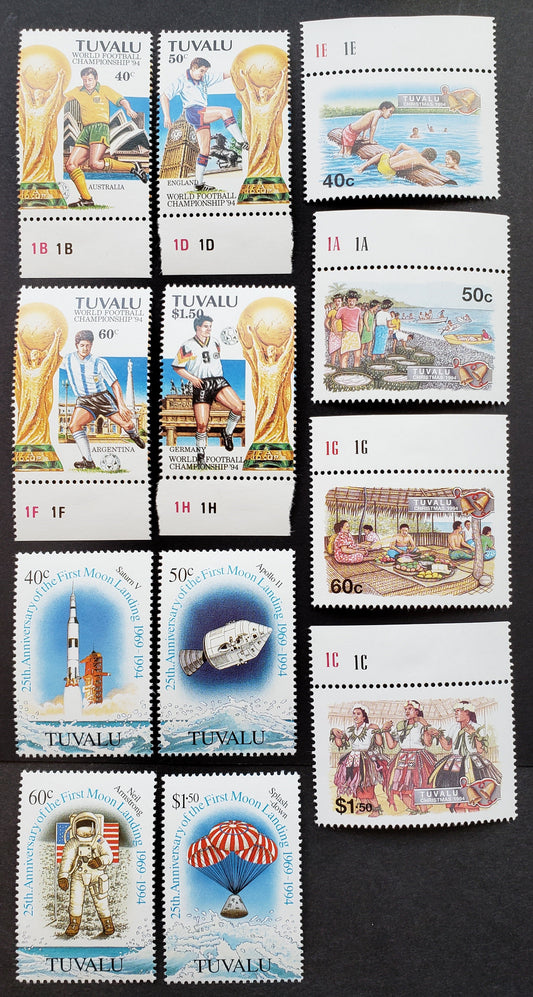 Lot 117 Tuvalu SC#666/684 1994 World Cup Soccer Championships / Christmas Issues, 12 VFNH Singles, Click on Listing to See ALL Pictures, 2017 Scott Cat. $16.5