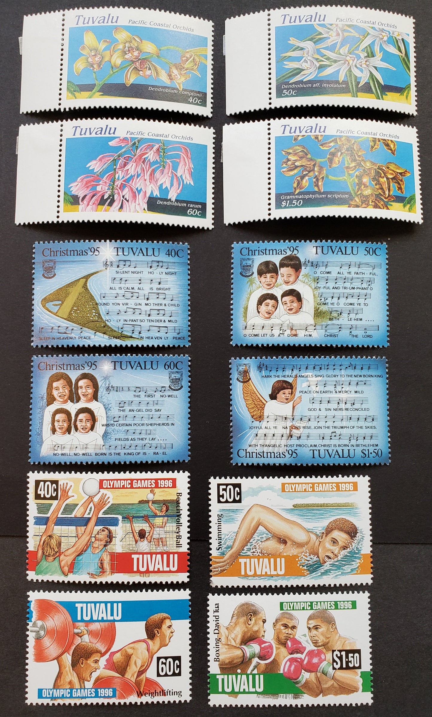 Lot 119 Tuvalu SC#697/720 1995-1996 Pacific Coastal Orchids / Summer Olympics Issues, 12 VFNH Singles, Click on Listing to See ALL Pictures, 2017 Scott Cat. $16.2