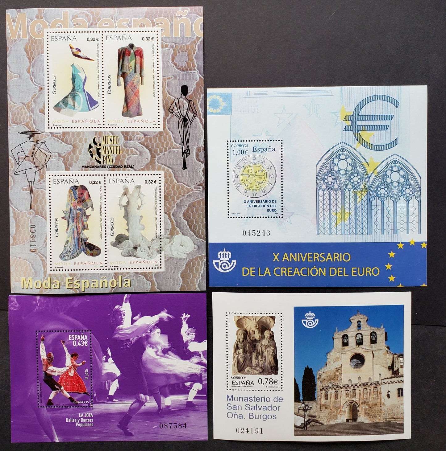 Lot 11 Spain SC#3650/3759 2009-2010 Dancers / San Salvador Monastery Issues, 3 VFNH Souvenir Sheets And A Sheet Of 4, Click on Listing to See ALL Pictures, 2017 Scott Cat. $10