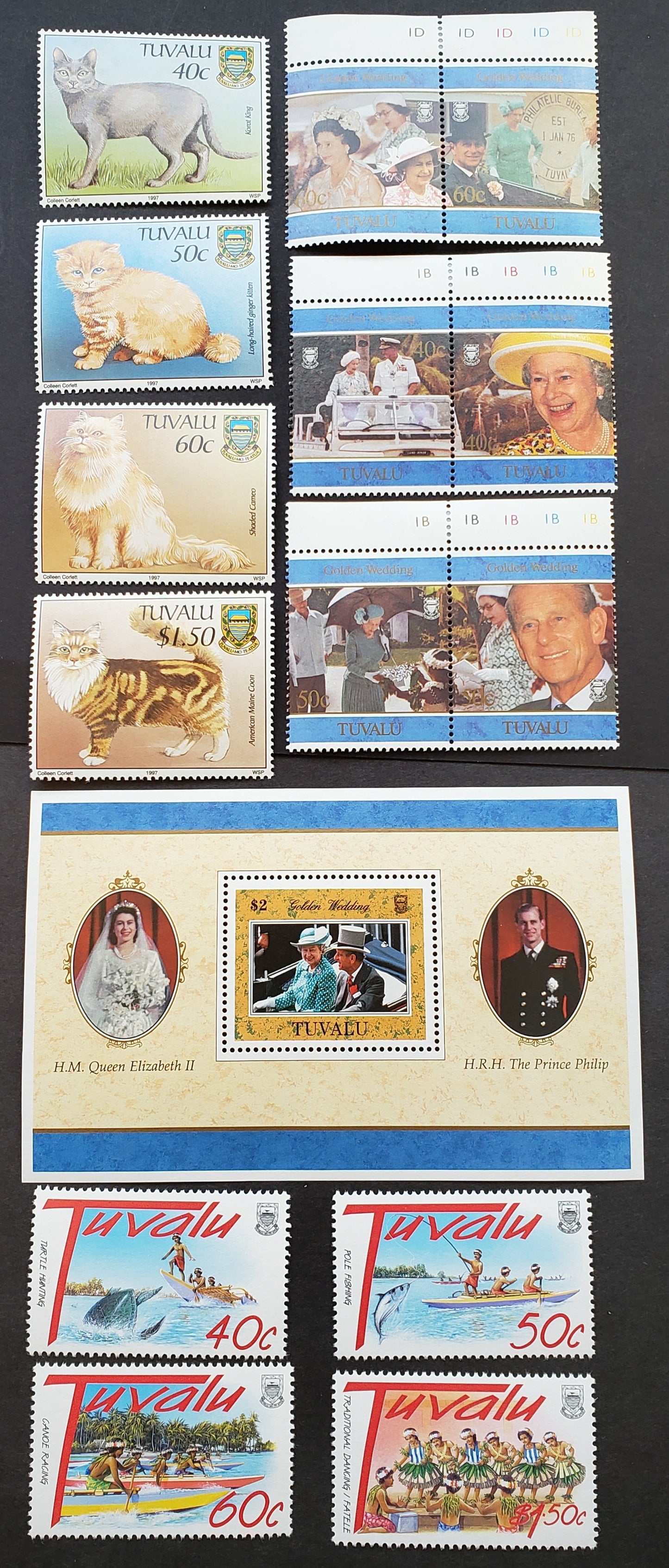 Lot 121 Tuvalu SC#746/760 1997 Domestic Cats / Traditional Activities Issues, 8 VFNH Singles, 3 Pairs And A Souvenir Sheet, Click on Listing to See ALL Pictures, 2017 Scott Cat. $15.85