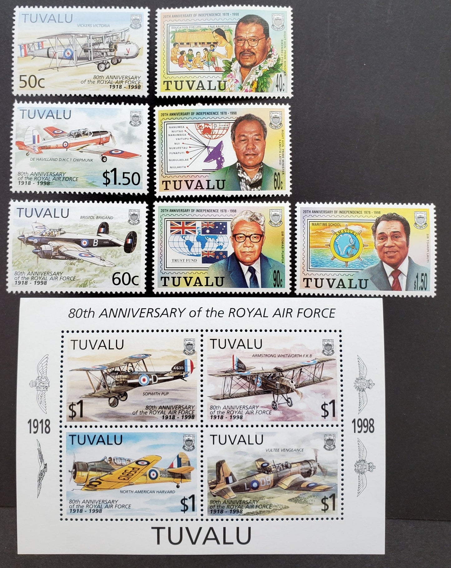 Lot 122 Tuvalu SC#764/788 1998 Royal Air Force / Independence Issues, 7 VFNH Singles And A Sheet Of 4, Click on Listing to See ALL Pictures, 2017 Scott Cat. $13.3