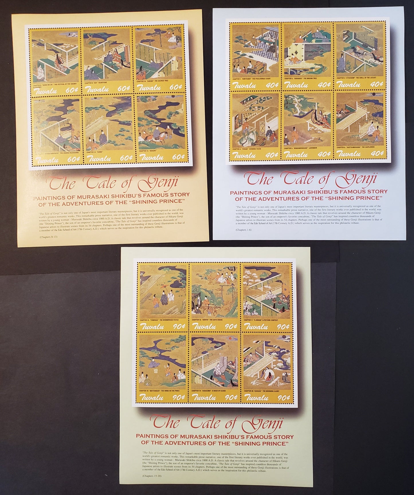 Lot 134 Tuvalu SC#876/878 2002 The Tale Of Genji Issue, 3 VFNH Sheets Of 6, Click on Listing to See ALL Pictures, 2017 Scott Cat. $15