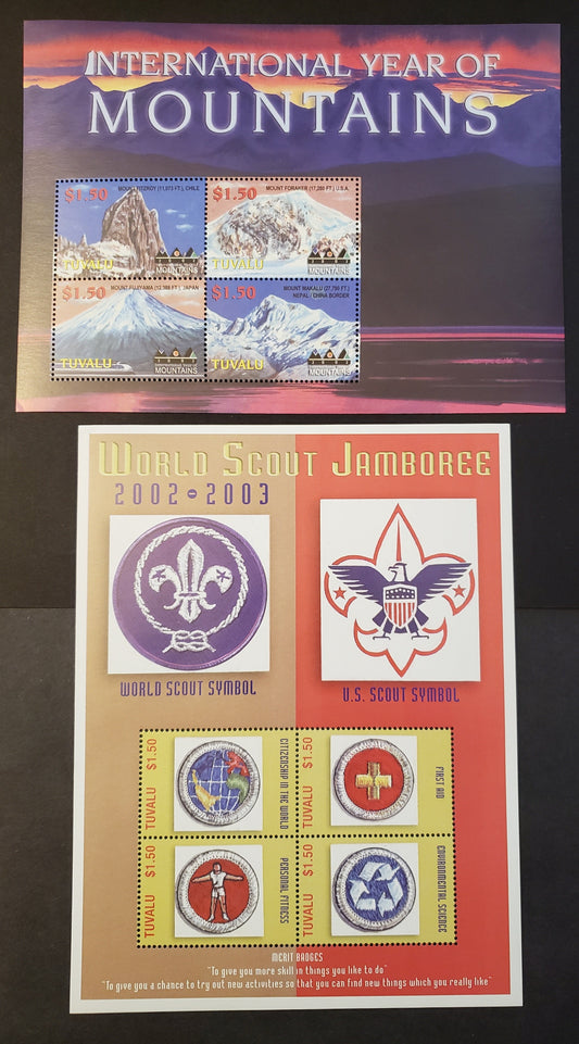 Lot 136 Tuvalu SC#894/896 2002 Woird Scout Jamboree / Intl. Year Of Mountains Issues, 2 VFNH Sheets Of 4, Click on Listing to See ALL Pictures, 2017 Scott Cat. $14