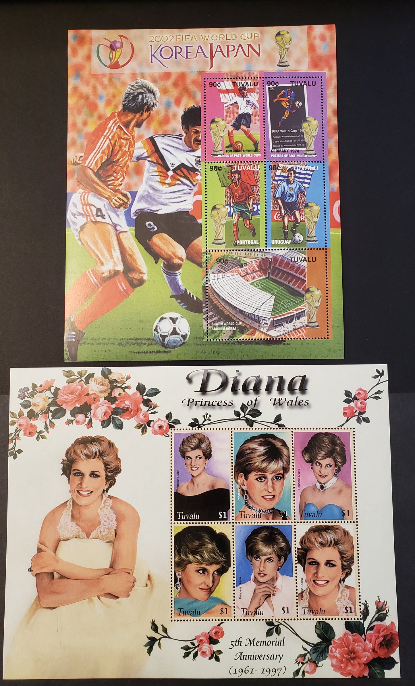 Lot 138 Tuvalu SC#889/899 2002 World Coup Soccer / Princess Diana Issues, A VFNH Sheet Of 5 And 6, Click on Listing to See ALL Pictures, 2017 Scott Cat. $13.5