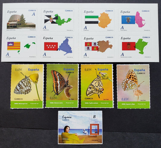 Lot 13 Spain SC#3761/3766 2011 Tourism / Butterflies Issues, 5 VFNH Singles And A Booklet Of 8, Click on Listing to See ALL Pictures, 2017 Scott Cat. $16.25