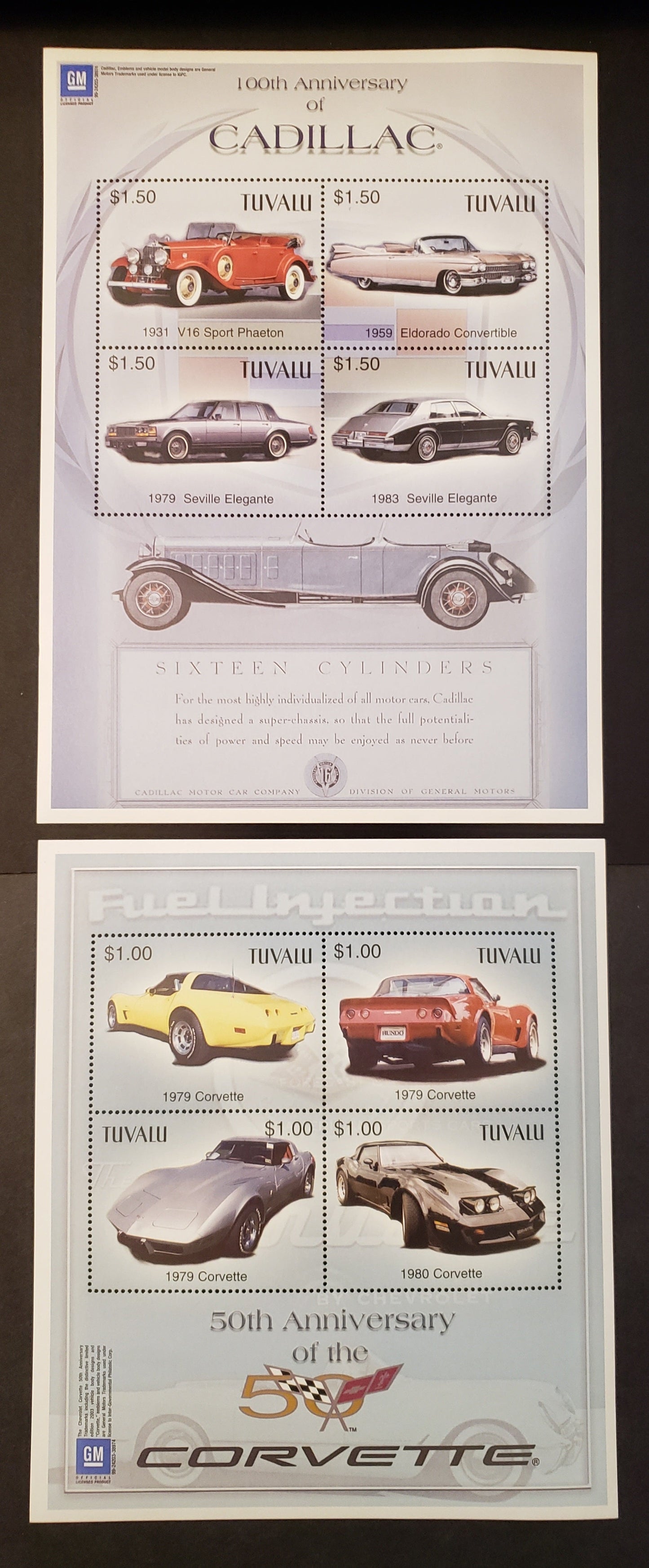 Lot 141 Tuvalu SC#917/918 2003 General Motors Automobiles Issue, 2 VFNH Sheets Of 4, Click on Listing to See ALL Pictures, 2017 Scott Cat. $15