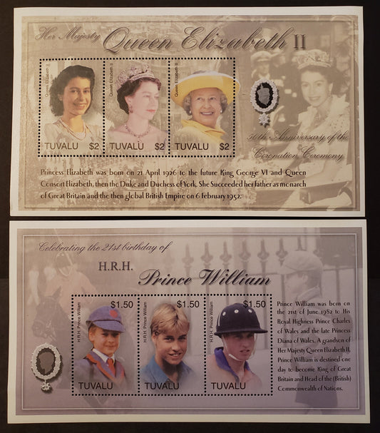 Lot 142 Tuvalu SC#913/915 2003 Coronation Of Queen Elizabeth II / Prince William 21st Birthday Issues, 2 VFNH Sheets Of 3, Click on Listing to See ALL Pictures, 2017 Scott Cat. $15.5