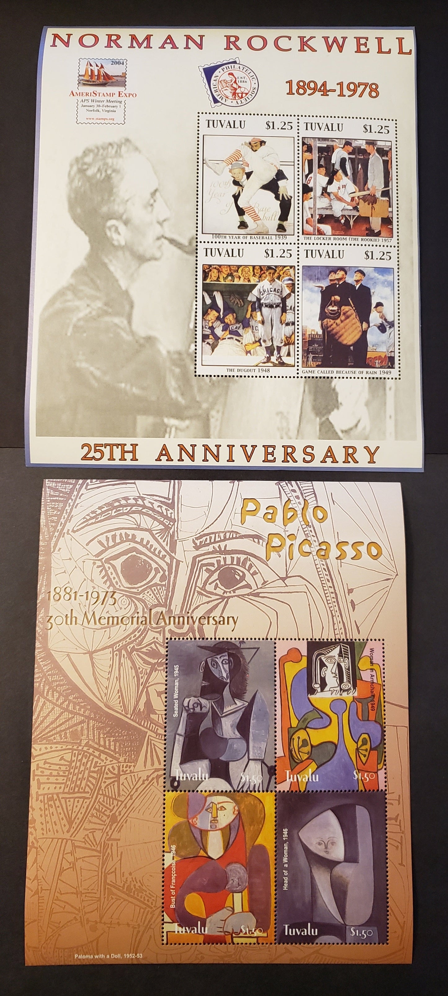 Lot 147 Tuvalu SC#933/935 2004 Norman Rockwell / Pablo Picasso Issues, 2 VFNH Sheets Of 4, Click on Listing to See ALL Pictures, 2017 Scott Cat. $19.75