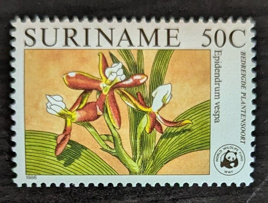 Lot 154 Surinam SC#746 50c Multicolored 1986 Orchids, WWF Funds Issue, A VFNH Single, Click on Listing to See ALL Pictures, 2017 Scott Cat. $24